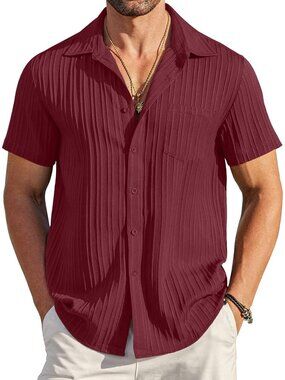 Men's Wine Red Short Sleeve Textured Summer Collared Casual Button Down Shirts